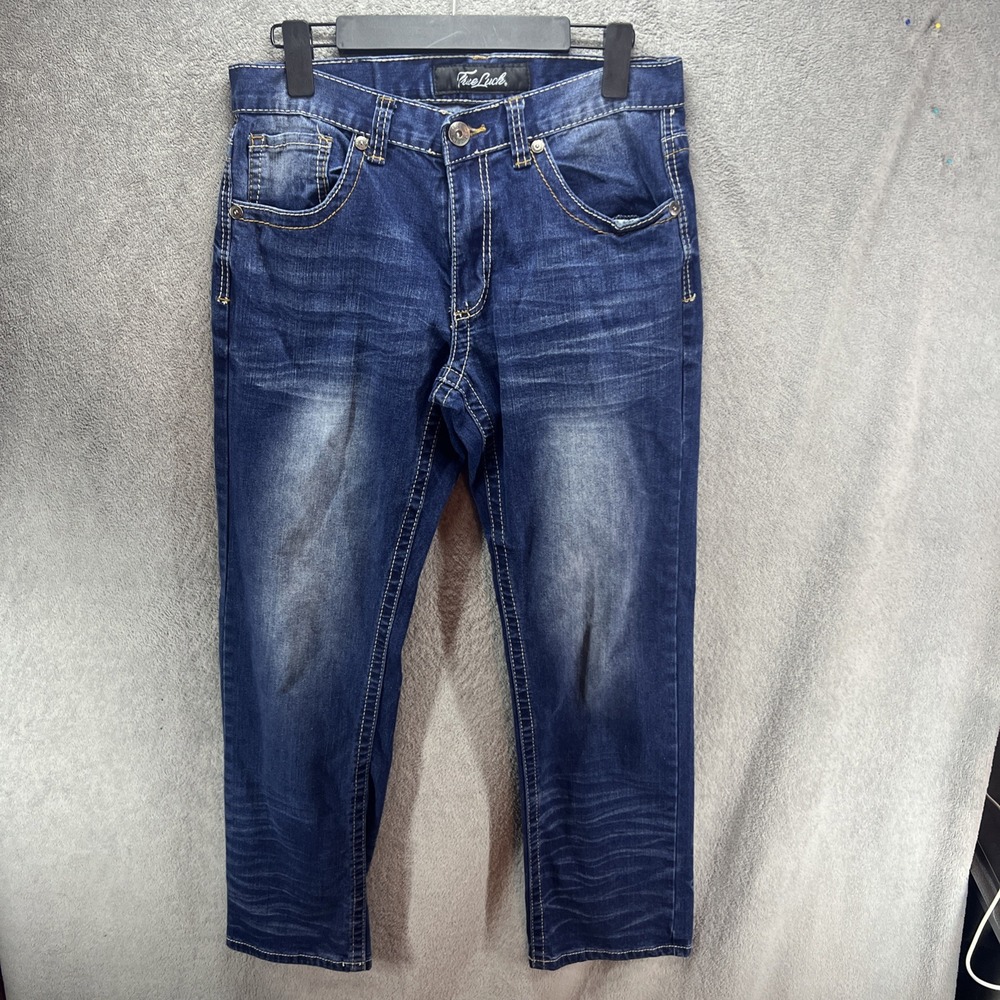 True Luck Jeans Men's 30x32 Blue Embroidered Cracked Effect Straight Leg Denim
